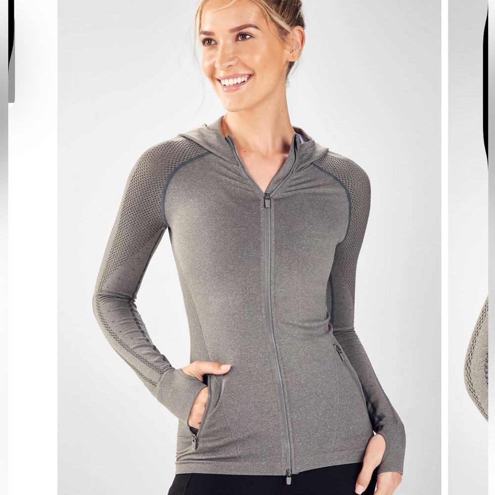 FABLETICS Kiley Seamless Pierced Fitted Hooded Zip Jacket Gray S Small $75 EUC